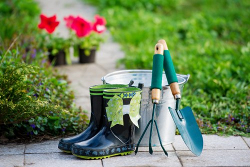 Modern garden landscaping with pathways and lighting in Hounslow