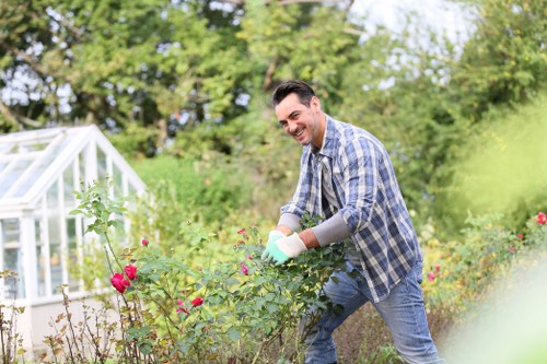 A man in a checked shirt and jeans is working in a lush garden, tending to vibrant pink roses and other flowering plants along a neatly maintained flower bed. Behind him, a modern white greenhouse with clear panels is visible, adjacent to a cultivated lawn with dense, green grass. Tall trees with leafy branches form a natural backdrop, providing shade and a sense of enclosure to the outdoor space. The garden appears well-kept, with a variety of textures including soil beds, trimmed shrubbery, and paved pathways. The lighting suggests a bright, sunny day, highlighting the natural green tones and rich colours of the plants. This scene showcases a professional outdoor gardening setting, possibly maintained by local landscaping services in Hounslow, emphasizing horticultural detail and garden design suitable for residential or community outdoor spaces.