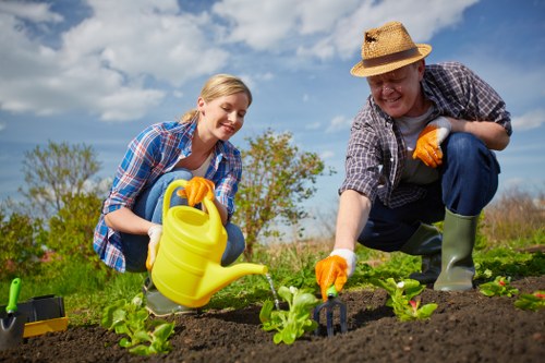 A woman and an older man are engaging in gardening activities in a backyard garden. The woman, wearing a blue checkered shirt and gardening gloves, is smiling as she waters a row of small green lettuce plants with a yellow watering can. The man, dressed in a straw hat, a checkered shirt, and green rubber boots, is kneeling beside her, tending to the plants with his gloved hand. The garden bed is bordered by dark, freshly turned soil, with a neatly maintained lawn and a few scattered trees visible in the background under a partly cloudy sky. The scene suggests outdoor gardening and lawn care work typical of local landscaping and garden maintenance services in Hounslow, emphasizing a well-kept outdoor space ready for further landscaping improvements by companies such as Landscapers Hounslow, situated near the post code area. The natural lighting and vibrant colors highlight the healthy plants and the overall care going into the garden's upkeep.
