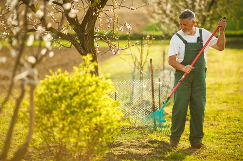 A man dressed in a white shirt and green gardening overalls is standing in a well-maintained backyard garden, holding a rake with a red handle and a blue head. The garden features a neatly trimmed lawn with dense, green grass occupying the foreground, bordered by a variety of garden beds and shrubs. To the left, there is a blooming tree with light pink flowers, while behind the man, a wire fence separates the lawn from a cultivated area or neighboring garden. The background includes more trees and open grassy spaces, illuminated by warm, natural sunlight that suggests a clear day. The scene depicts outdoor gardening activity, supported by professional landscaping services such as those offered by Landscapers Hounslow, with a focus on lawn maintenance, garden tidiness, and plant care in the Hounslow area, within the postcode region of TW-shaped districts.